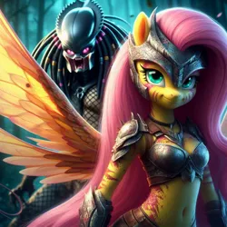 Size: 1024x1024 | Tagged: safe, ai content, derpibooru import, machine learning generated, fluttershy, anthro, pegasus, yautja, armor, duo, g4, generator:bing image creator, generator:dall-e 3, image, jpeg, midriff, predator (franchise), spread wings, wings