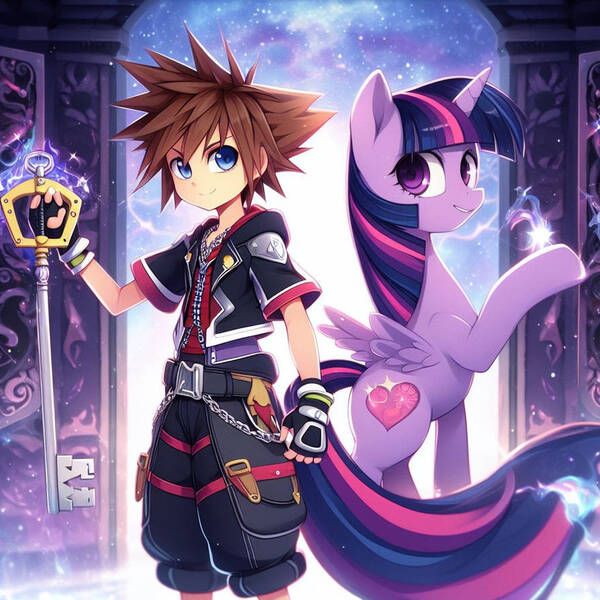 Size: 894x894 | Tagged: safe, ai content, artist:user15432, derpibooru import, machine learning generated, twilight sparkle, twilight sparkle (alicorn), alicorn, human, pony, alternate cutie mark, crossover, generator:bing image creator, image, jpeg, keyblade, kingdom hearts, looking at you, raised hoof, smiling, sora, soralight, weapon