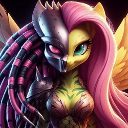 Size: 1024x1024 | Tagged: safe, ai content, derpibooru import, machine learning generated, fluttershy, anthro, pegasus, yautja, armor, breasts, cleavage, dreadlocks, female, g4, generator:bing image creator, generator:dall-e 3, image, jpeg, looking at you, mask, predator (franchise), solo, species swap, spread wings, wings