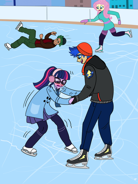 Size: 3000x4000 | Tagged: safe, artist:alkabiadiz, derpibooru import, flash sentry, fluttershy, sci-twi, timber spruce, twilight sparkle, equestria girls, female, flashlight, ice skates, ice skating, image, male, old art, png, ship:sci-flash, shipping, skates, straight