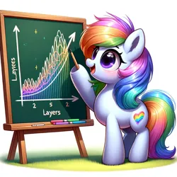 Size: 1024x1024 | Tagged: safe, ai content, derpibooru import, machine learning generated, oc, ponified, pony, chalkboard, cute, generator:dall-e 3, how to, image, layers, lecture, neural networks, png, rainbow, teacher, teaching, tutorial