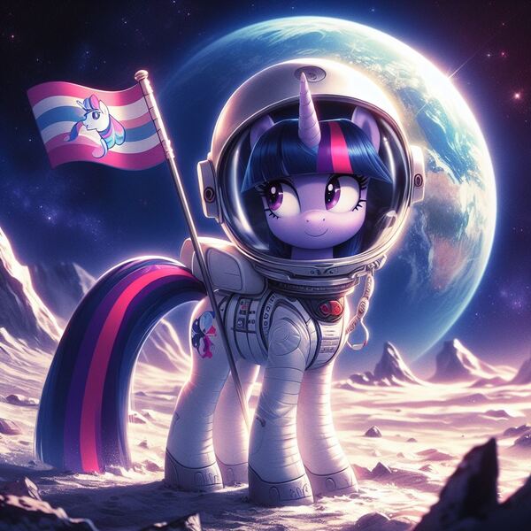 Size: 1024x1024 | Tagged: safe, ai content, derpibooru import, machine learning generated, twilight sparkle, pony, unicorn, astronaut, earth, female, flag, g4, generator:bing image creator, generator:dall-e 3, image, jpeg, mare, moon, rock, scenery, solo, space, space helmet, spacesuit, tail, unicorn twilight