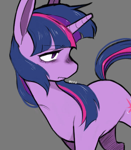 Size: 600x689 | Tagged: safe, artist:pyukumeru, derpibooru import, twilight sparkle, pony, unicorn, female, gray background, image, jpeg, mare, simple background, solo, twilight sparkle is not amused, unamused, unicorn twilight