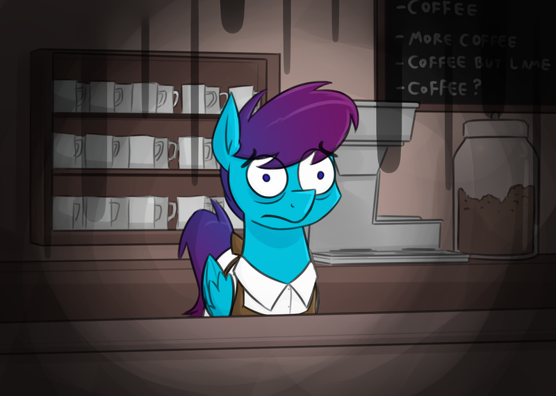 Size: 1640x1168 | Tagged: safe, artist:moonatik, derpibooru import, oc, oc:open air, unofficial characters only, pegasus, pony, apron, bags under eyes, chalkboard, clothes, coffee machine, coffee shop, colored sketch, depressed, image, jar, male, mug, pegasus oc, png, shirt, sketch, solo, stallion, thousand yard stare, tired, wings