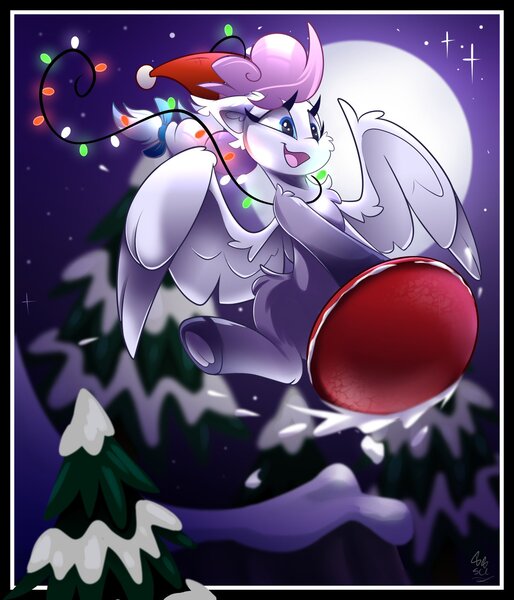 Size: 1755x2048 | Tagged: safe, artist:starcasteclipse, derpibooru import, oc, oc:heavy weather, pegasus, christmas, christmas lights, commission, hat, holiday, image, inner tube, jpeg, pegasus oc, pine tree, pool toy, santa hat, tree, wings, winter, ych result