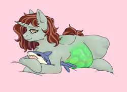 Size: 2100x1525 | Tagged: safe, artist:yourmom_yourdog, derpibooru import, oc, oc:skittish, unofficial characters only, shark, unicorn, bed, belly, big belly, blåhaj, changeling egg, egg inflation, female, glowing belly, image, laying on bed, lying down, on bed, plushie, png, pregnant, shark plushie, simple background, solo