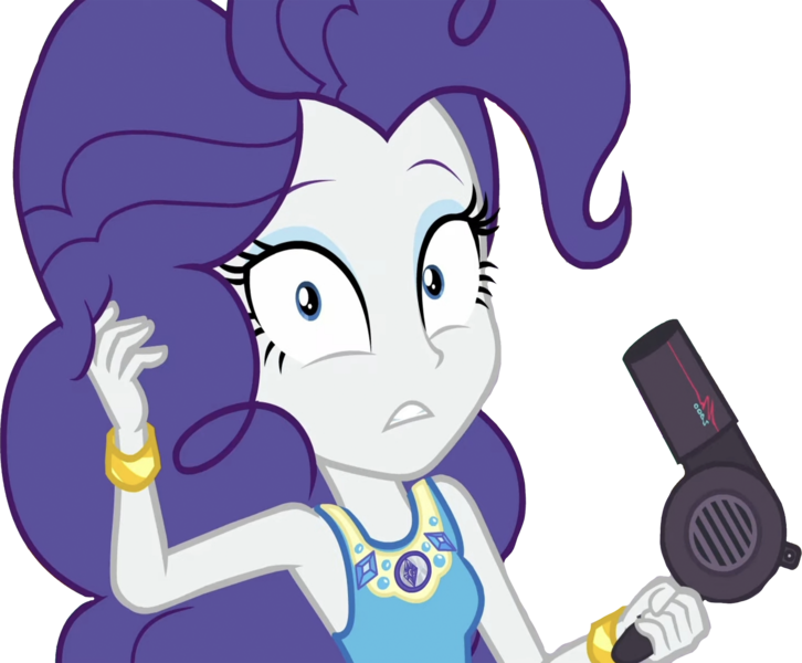 Size: 3050x2520 | Tagged: safe, derpibooru import, edit, edited screencap, editor:homersimpson1983, screencap, rarity, human, equestria girls, alternate hairstyle, background removed, female, hair dryer, image, not a vector, pinkie pie hair, png, simple background, solo