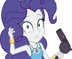 Size: 3050x2520 | Tagged: safe, derpibooru import, edit, edited screencap, editor:homersimpson1983, screencap, rarity, human, equestria girls, alternate hairstyle, background removed, female, hair dryer, image, not a vector, pinkie pie hair, png, simple background, solo