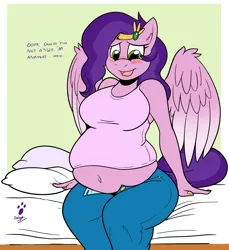 Size: 1796x1958 | Tagged: safe, artist:duragan, derpibooru import, pipp petals, anthro, pegasus, g5, my little pony: a new generation, adipipp, bbw, bed, blushing, breasts, busty pipp petals, chubby, clothes, denim, fat, female, image, implied weight gain, jeans, jewelry, looking at self, need to go on a diet, need to lose weight, not pregnant, on bed, pants, plump, png, popped button, shirt, simple background, sitting on bed, t-shirt, talking to herself, tiara, tight clothing, wardrobe malfunction, weight gain