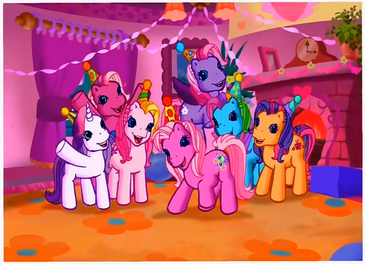 Size: 723x523 | Tagged: safe, derpibooru import, screencap, cheerilee (g3), pinkie pie (g3), rainbow dash (g3), scootaloo (g3), starsong, sweetie belle (g3), toola roola, earth pony, pegasus, pony, unicorn, g3, meet the ponies, core seven, fireplace, hat, image, party, party hat, photo, pinkie pie's party party, png, streamers, toola-roola