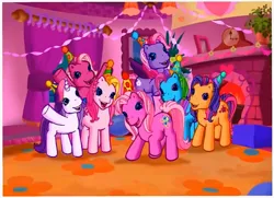 Size: 723x523 | Tagged: safe, derpibooru import, screencap, cheerilee (g3), pinkie pie (g3), rainbow dash (g3), scootaloo (g3), starsong, sweetie belle (g3), toola roola, earth pony, pegasus, pony, unicorn, g3, meet the ponies, core seven, fireplace, hat, image, party, party hat, photo, pinkie pie's party party, png, streamers, toola-roola