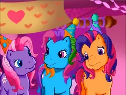 Size: 900x675 | Tagged: safe, derpibooru import, screencap, rainbow dash (g3), scootaloo (g3), starsong, g3, meet the ponies, hat, image, looking at each other, looking at someone, party hat, pinkie pie's party party, png, trio, worried