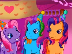Size: 900x675 | Tagged: safe, derpibooru import, screencap, rainbow dash (g3), scootaloo (g3), starsong, g3, meet the ponies, hat, image, lidded eyes, looking at each other, looking at someone, party hat, pinkie pie's party party, png