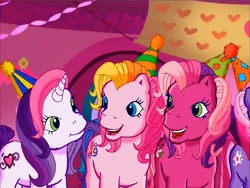 Size: 900x675 | Tagged: safe, derpibooru import, screencap, cheerilee (g3), sweetie belle (g3), earth pony, pony, unicorn, g3, meet the ponies, hat, image, looking at each other, looking at someone, party hat, pinkie pie's party party, png, toola-roola, trio
