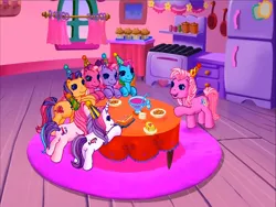 Size: 900x675 | Tagged: safe, derpibooru import, screencap, cheerilee (g3), pinkie pie (g3), rainbow dash (g3), scootaloo (g3), starsong, sweetie belle (g3), toola roola, earth pony, pegasus, pony, unicorn, g3, meet the ponies, carpet, cookie, core seven, food, hat, house, image, interior, muffin, party, party hat, pinkie pie's party party, png, refrigerator, stove, table, toola-roola