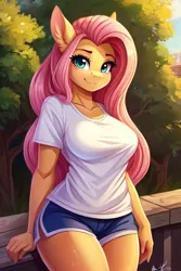 Size: 512x768 | Tagged: safe, ai content, derpibooru import, machine learning generated, prompter:kira8242, fluttershy, anthro, pegasus, big breasts, breasts, busty fluttershy, clothes, female, image, jpeg, looking at you, shirt, shorts, smiling, smiling at you, solo, t-shirt