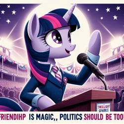 Size: 1024x1024 | Tagged: safe, ai content, derpibooru import, machine learning generated, twilight sparkle, pony, unicorn, audience, clothes, female, generator:bing image creator, image, jpeg, mare, microphone, misspelling, necktie, open mouth, politics, raised hoof, solo focus, suit, text, unicorn twilight