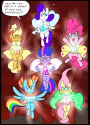Size: 696x965 | Tagged: safe, artist:metal-kitty, derpibooru import, applejack, fluttershy, pinkie pie, rainbow dash, rarity, twilight sparkle, earth pony, pegasus, pony, unicorn, comic:mlp project, 2016, applejack's hat, cape, clothes, comic, cowboy hat, dress, element of generosity, element of honesty, element of kindness, element of laughter, element of loyalty, element of magic, elements of harmony, hat, hooves on hips, image, mane six, old art, png, scarf, smiling