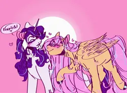 Size: 2029x1485 | Tagged: safe, artist:rare-apples, derpibooru import, fluttershy, rarity, pegasus, pony, unicorn, 2d, blushing, digital art, drawing, duo, female, flarity, g4, horn, hunched over, image, jpeg, lesbian, looking at each other, looking at someone, mare, shipping, simple background, smiling, talking, text, wings