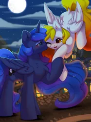 Size: 2048x2732 | Tagged: source needed, safe, artist:alphadesu, derpibooru import, princess luna, oc, oc:starfyre, alicorn, pegasus, pony, bridge, canon x oc, cute, image, jpeg, kiss on the cheek, kissing, moon, night