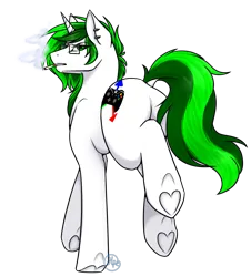 Size: 1423x1572 | Tagged: safe, artist:halopiexd, derpibooru import, oc, oc:emerald fury, unofficial characters only, pony, unicorn, derpibooru community collaboration, 2024 community collab, butt, cigarette, ear piercing, female, glasses, hoof heart, image, mare, piercing, plot, png, rear view, smoking, underhoof