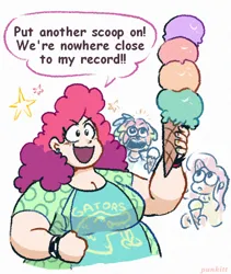 Size: 493x584 | Tagged: safe, artist:punkittdev, derpibooru import, fluttershy, pinkie pie, rainbow dash, human, big breasts, breasts, busty pinkie pie, cleavage, fat, female, humanized, ice cream cone, image, jpeg, obese, open mouth, open smile, piggy pie, pudgy pie, signature, simple background, smiling, solo focus, speech bubble, trio, white background