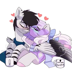 Size: 2000x2000 | Tagged: safe, artist:skyboundsiren, derpibooru import, oc, oc:eclipse siriusa, oc:siren andromeda, unofficial characters only, alien, alien pony, pegasus, pony, blushing, bow, clothes, couple, eyes closed, female, hair bow, heart, image, kiss on the cheek, kissing, male, mare, mug, png, scarf, signature, smiling, stallion, tail, tail bow, wholesome