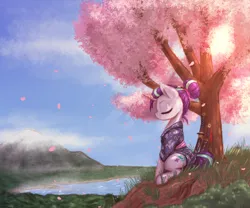 Size: 3000x2500 | Tagged: safe, artist:t72b, derpibooru import, starlight glimmer, pony, unicorn, alternate hairstyle, cherry blossoms, clothes, costume, eyes closed, female, flower, flower blossom, grass, hair bun, historical roleplay starlight, image, katana, mare, meditating, mountain, png, samurai, scenery, sitting, solo, sword, tree, wakizashi, weapon