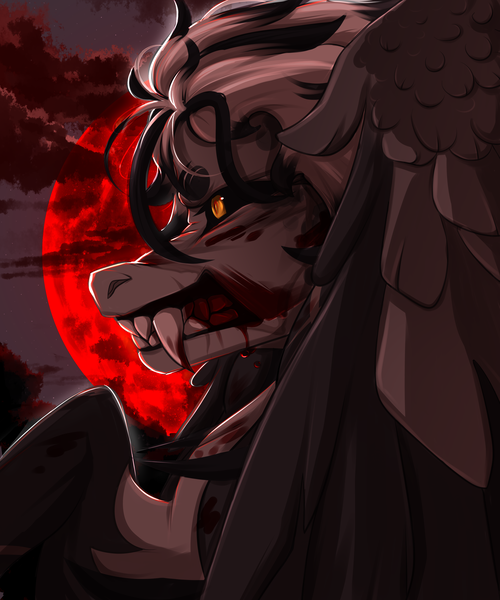 Size: 2500x3000 | Tagged: semi-grimdark, artist:blackberry907, derpibooru import, oc, unofficial characters only, original species, pony, antennae, black sclera, blood, blood moon, chest fluff, commission, fangs, full moon, gritted teeth, image, moon, png, sharp teeth, slit pupils, solo, teeth, wings
