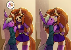 Size: 5016x3528 | Tagged: safe, artist:howxu, derpibooru import, adagio dazzle, oc, oc:peach cobbler, anthro, pony, comic:we will be adored, ambiguous facial structure, big ears, blush lines, blushing, blushing profusely, boop, breasts, canon x oc, cleavage, closed mouth, clothes, duo, ear fluff, female, female symbol, fingerless gloves, flirting, floppy ears, flustered, gem, gloves, heart, image, jpeg, kabedon, kissing, looking at each other, looking at someone, male, male symbol, mare, nose kiss, open mouth, shipping, shrunken pupils, siren gem, skirt, smiling, socks, stallion, stockings, straight, surprise kiss, thigh highs