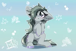 Size: 3000x2000 | Tagged: safe, artist:jubyskylines, derpibooru import, marble pie, earth pony, pony, :o, big ears, blue background, blush lines, blushing, cheek fluff, colored hooves, cute, cute little fangs, cyan background, doodles, ear fluff, eye clipping through hair, fangs, female, hair over one eye, halftone, hoof polish, image, leg fluff, looking up, marblebetes, mare, one ear down, open mouth, png, purple eyes, simple background, sitting, solo, sparkly eyes, unshorn fetlocks, weapons-grade cute, wingding eyes