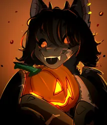 Size: 3000x3500 | Tagged: safe, artist:blackberry907, derpibooru import, oc, oc:odrea, unofficial characters only, bat pony, pony, fangs, female, halloween, holiday, horns, image, jack-o-lantern, mare, png, pumpkin, scar, slit pupils, solo