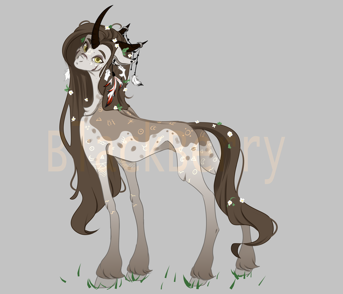 Size: 3500x3000 | Tagged: safe, artist:blackberry907, derpibooru import, oc, unnamed oc, unofficial characters only, original species, pony, adoptable, anatomically incorrect, chest fluff, coat markings, colored horn, concave belly, curved horn, ear piercing, extra leg joint, facial markings, feather, female, flower, flower in hair, freckles, golden eyes, gradient legs, grass, gray background, headdress, horn, horn jewelry, horn ring, horns, image, incorrect leg anatomy, jewelry, leaves, leaves in hair, looking at you, mare, multiple horns, obtrusive watermark, piercing, png, ring, simple background, solo, standing, star (coat marking), tall, thin, turned head, unshorn fetlocks, watermark, yellow eyes