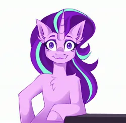 Size: 3000x2912 | Tagged: safe, artist:buvanybu, derpibooru import, starlight glimmer, pony, unicorn, bipedal, chest fluff, ear fluff, female, image, jpeg, looking at you, mare, simple background, smiling, solo, staring into your soul, white background