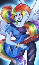 Size: 3000x5000 | Tagged: safe, artist:marubup, derpibooru import, rainbow dash, human, pegasus, equestria girls, rainbow rocks, breasts, busty rainbow dash, eared humanization, guitar, humanized, image, musical instrument, png, ponied up, rock, solo, spread wings, winged humanization, wings