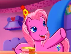 Size: 900x675 | Tagged: safe, derpibooru import, screencap, pinkie pie (g3), earth pony, pony, g3, meet the ponies, cake, food, hat, image, party hat, pinkie pie's party party, png, raised hoof, solo