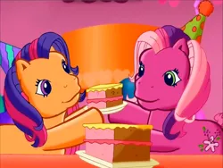 Size: 900x675 | Tagged: safe, derpibooru import, screencap, cheerilee (g3), scootaloo (g3), earth pony, pony, g3, meet the ponies, cake, cute, duo, female, food, g3 cheeribetes, g3 cutealoo, hat, image, looking at each other, looking at someone, party hat, pinkie pie's party party, png, siblings, sisters