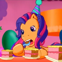 Size: 678x675 | Tagged: safe, derpibooru import, screencap, scootaloo (g3), earth pony, pony, g3, meet the ponies, cake, eating, food, hat, image, open mouth, party hat, pinkie pie's party party, png, solo, spoon