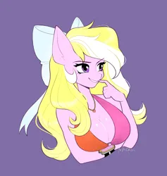 Size: 2044x2160 | Tagged: suggestive, artist:tomi_ouo, derpibooru import, oc, oc:bay breeze, anthro, pegasus, agent alabastor amril, big breasts, bow, breasts, bust, female, hair bow, image, jewelry, necklace, png, solo, solo female