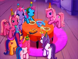 Size: 900x675 | Tagged: safe, derpibooru import, screencap, cheerilee (g3), pinkie pie (g3), rainbow dash (g3), scootaloo (g3), starsong, sweetie belle (g3), toola roola, earth pony, pegasus, pony, unicorn, g3, meet the ponies, cake, carpet, cookie, core seven, food, hat, image, party hat, pinkie pie's party party, png, punch (drink), punch bowl, table, toola-roola