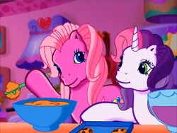 Size: 900x675 | Tagged: safe, derpibooru import, screencap, pinkie pie (g3), sweetie belle (g3), earth pony, pony, unicorn, g3, meet the ponies, baking, bowl, cookie, duo, food, hat, image, looking at each other, looking at someone, party hat, pinkie pie's party party, png, spoon