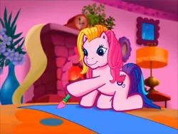 Size: 900x675 | Tagged: safe, derpibooru import, screencap, earth pony, pony, g3, meet the ponies, anatomically incorrect, crouching, fireplace, flower, hat, image, incorrect leg anatomy, interior, lamp, paintbrush, painting, party hat, pinkie pie's party party, png, solo, toola-roola