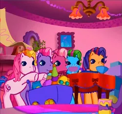 Size: 627x585 | Tagged: safe, derpibooru import, screencap, cheerilee (g3), rainbow dash (g3), scootaloo (g3), starsong, toola roola, earth pony, pegasus, pony, g3, meet the ponies, image, interior, pinkie pie's party party, png, toola-roola