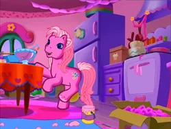 Size: 900x675 | Tagged: safe, derpibooru import, screencap, pinkie pie (g3), earth pony, pony, g3, meet the ponies, banner, happy, image, interior, paint, pinkie pie's party party, png, prancing, punch (drink), punch bowl, solo