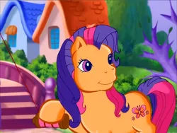 Size: 900x675 | Tagged: safe, derpibooru import, screencap, scootaloo (g3), earth pony, pony, g3, meet the ponies, bridge, houses, image, kite, kite flying, looking at someone, outdoors, pinkie pie's party party, png, solo