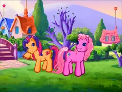 Size: 900x675 | Tagged: safe, derpibooru import, screencap, pinkie pie (g3), scootaloo (g3), earth pony, pony, g3, meet the ponies, bridge, bush, butt to butt, butt touch, duo, houses, image, kite, kite flying, looking at each other, looking at someone, outdoors, pinkie pie's party party, png, tree