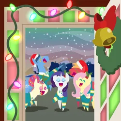 Size: 2160x2160 | Tagged: safe, anonymous artist, derpibooru import, big macintosh, fluttershy, rarity, toe-tapper, torch song, earth pony, pegasus, pony, series:fm holidays, series:hearth's warming advent calendar 2023, advent calendar, bowtie, caroling, christmas, christmas lights, christmas wreath, clothes, doorway, eyes closed, female, fluttermac, g4, hat, high res, holiday, holly, hoof around neck, hoof on chest, image, lineless, male, mare, one eye closed, open mouth, open smile, png, pointy ponies, ponytones, ponytones outfit, rearing, santa hat, shipping, singing, smiling, snow, snowfall, stallion, straight, sweater, wreath