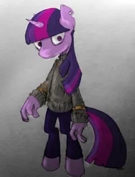 Size: 758x1000 | Tagged: safe, derpibooru import, twilight sparkle, anthro, unicorn, bags under eyes, bracelet, clothes, g4, image, jewelry, mlha, my little hazards area, parody, png, solo, sweater, tired