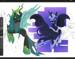 Size: 1992x1588 | Tagged: safe, artist:dampfurz, derpibooru import, nightmare moon, queen chrysalis, alicorn, changeling, changeling queen, pony, crown, duo, female, heart, image, jewelry, jpeg, looking at each other, looking at someone, regalia, simple background, sketch, smiling, smirk, spread wings, ultimate chrysalis, white background, wings