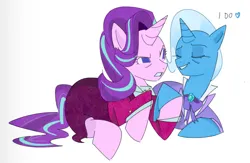 Size: 1366x893 | Tagged: safe, artist:dampfurz, derpibooru import, starlight glimmer, trixie, unicorn, the last problem, clothes, duo, eyes closed, female, frown, holding hooves, image, jpeg, lesbian, lying down, shipping, simple background, smiling, startrix, white background